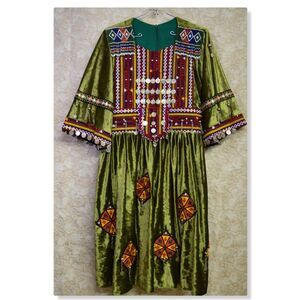Vintage Islam Coin Afghan Traditional Wedding Dress Velvet Handmade Kuchi Nikka